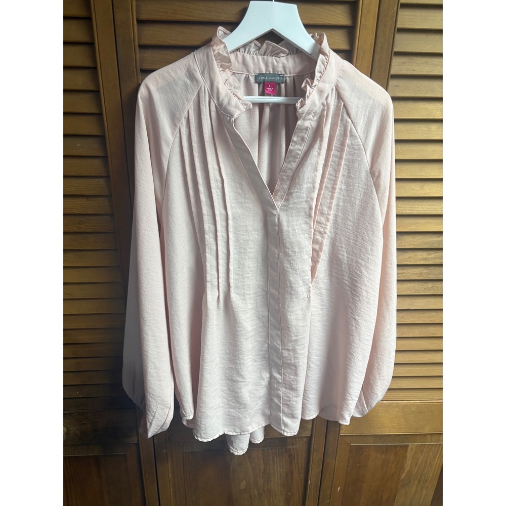 Vince Camuto Blush Pink Ruffle Neck Pintuck Pleated Blouse Top Large